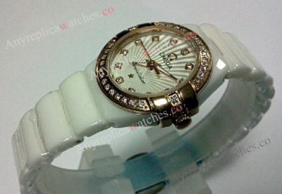 Omega Replica Watch - Omega Constellation White Ceramic Diamond Bezel Ladies Watch